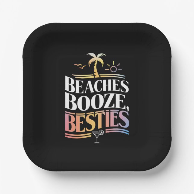 Beaches Booze & Besties Coconut Tree Summer  Paper Plates (Front)
