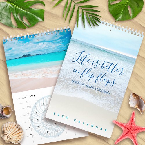 Beaches of Hawaii California Flip Flops One Page Calendar