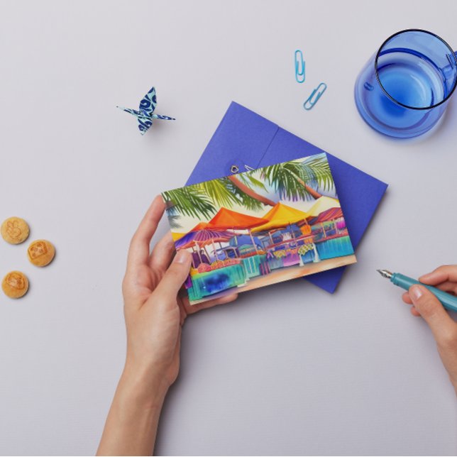 Beachfront Market Stalls Watercolor Postcard (Creator Uploaded)