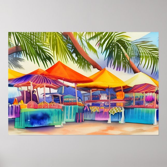Beachfront Market Stalls Watercolor  Poster (Front)