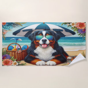 Beachside Bernese Bliss: Cool Dog with Sunglasses Beach Towel