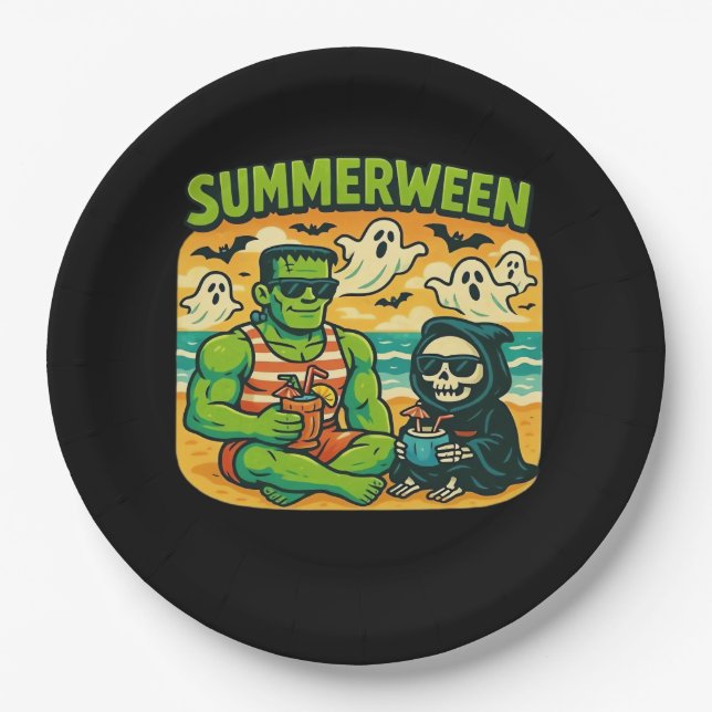 Beachside Boogeymen - Retro Summerween Vibes Class Paper Plates (Front)