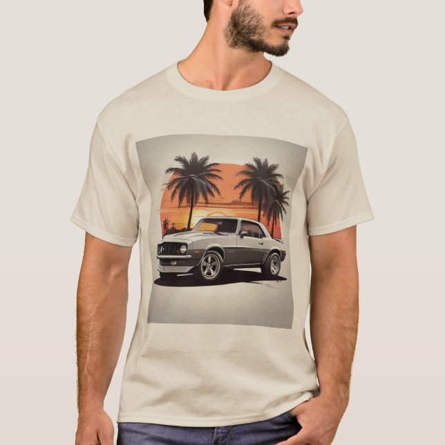 "Beachside Camaro Grey Shirt - Coastal Vintage Car (Front)