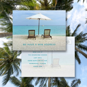 Beachside Chairs New Address Announcement Postcard by millhill at Zazzle