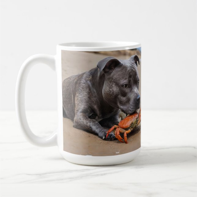 "Beachside Pals: A Staffy and Its Crab Companion" Coffee Mug (Left)