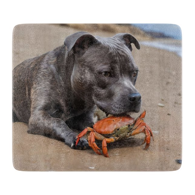 "Beachside Pals: A Staffy and Its Crab Companion" Cutting Board (Front)