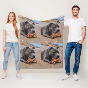 "Beachside Pals: A Staffy and Its Crab Companion" Fleece Blanket
