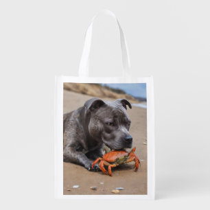 "Beachside Pals: A Staffy and Its Crab Companion" Grocery Bag