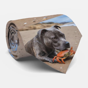 "Beachside Pals: A Staffy and Its Crab Companion" Neck Tie