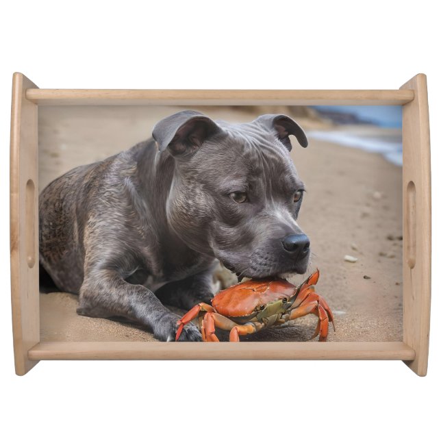 "Beachside Pals: A Staffy and Its Crab Companion" Serving Tray (Front)