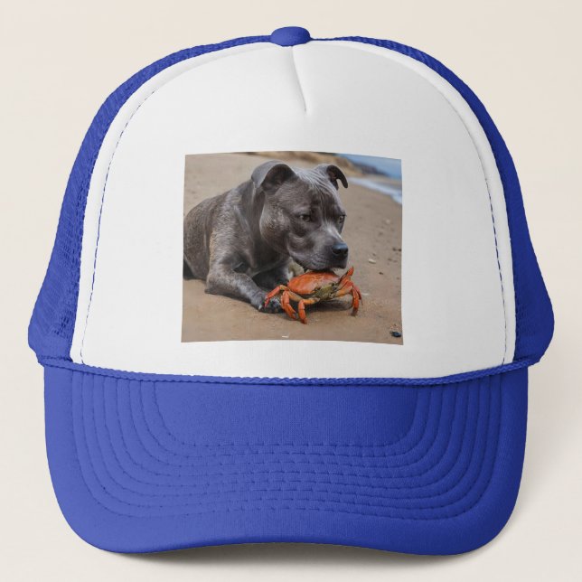 "Beachside Pals: A Staffy and Its Crab Companion" Trucker Hat (Front)