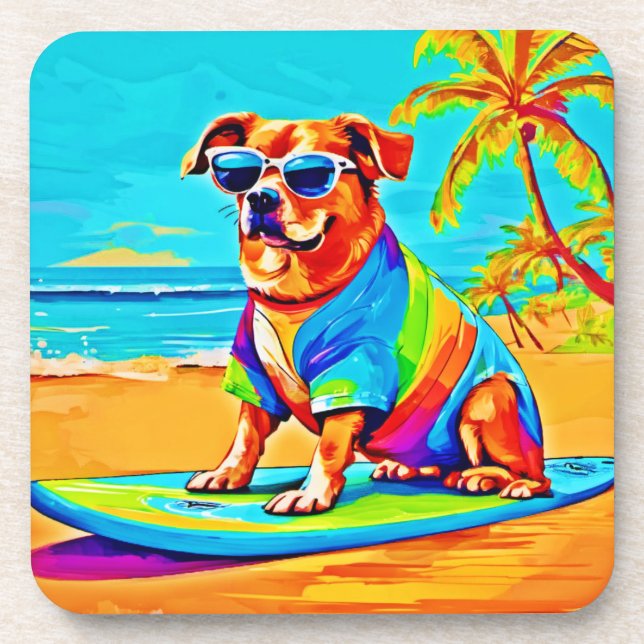 Beachside Pup: Surfing Charm Beverage Coaster (Front)