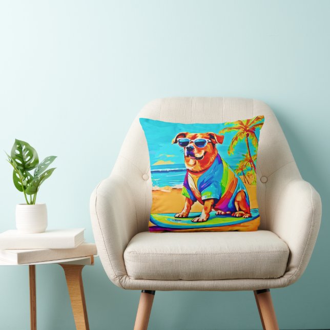 Beachside Pup: Surfing Charm Throw Pillow (Chair)