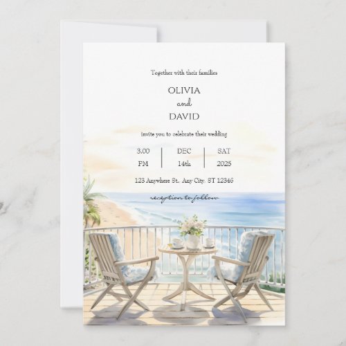  Beachside Resort Balcony Ocean View Beach Wedding Invitation