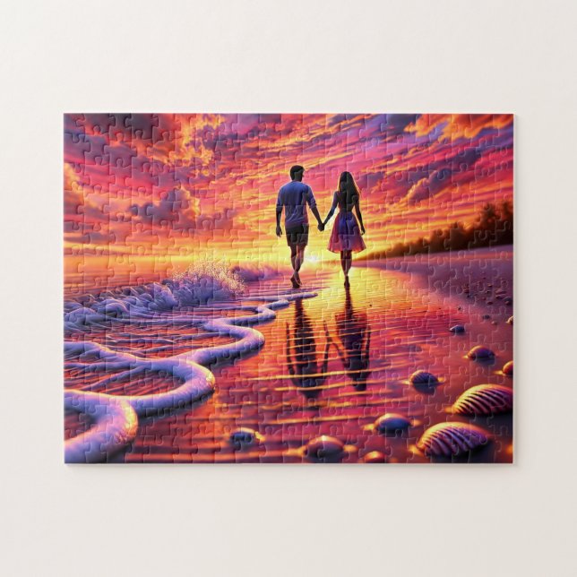 Beachside Romance Couple Sunset Walk By the Sea Jigsaw Puzzle (Horizontal)