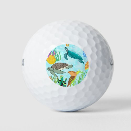 Beachside Sea Turtles and Corals Pattern  Golf Balls