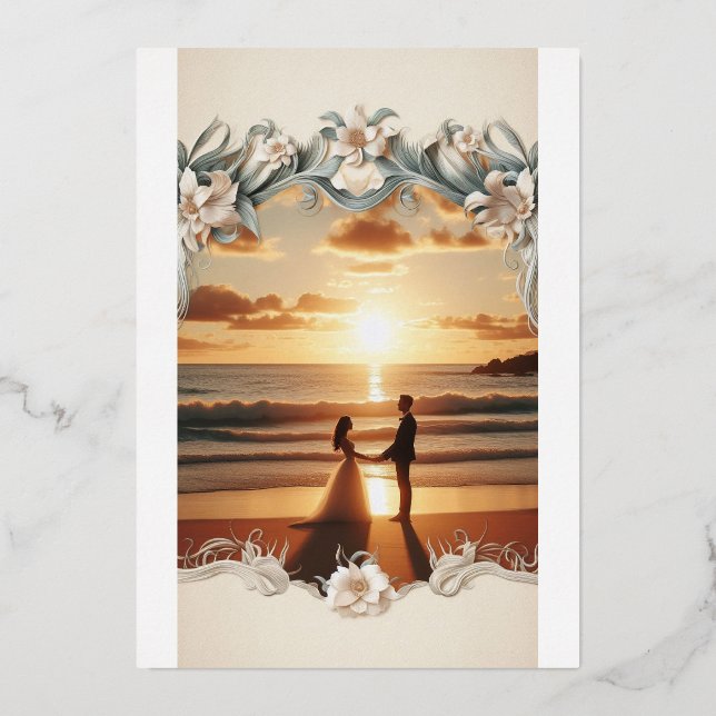 Beachside Sunset Wedding Invitation | Romantic Oce Foil Invitation (Front)