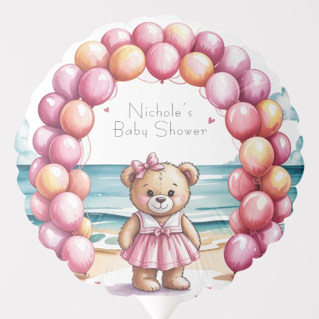Beachside Teddy Bear Balloon Girl Baby Shower  (Front)