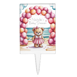 Beachside Teddy Bear Balloon Girl Baby Shower Cake Topper