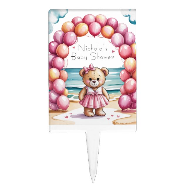 Beachside Teddy Bear Balloon Girl Baby Shower  Cake Topper (Front)