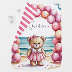 Beachside Teddy Bear Balloon Girl Baby Shower Gift Blanket