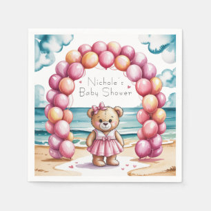 Beachside Teddy Bear Balloon Girl Baby Shower Napkins