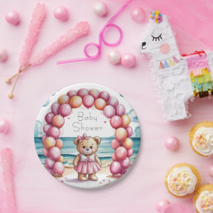 Beachside Teddy Bear Balloon Girl Baby Shower Paper Plates