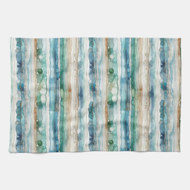 Beachy abstract, alcohol ink stripes kitchen towel (Horizontal)