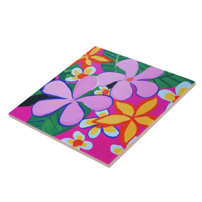 Beachy and modern tropical flowers on pink ceramic tile (Side)
