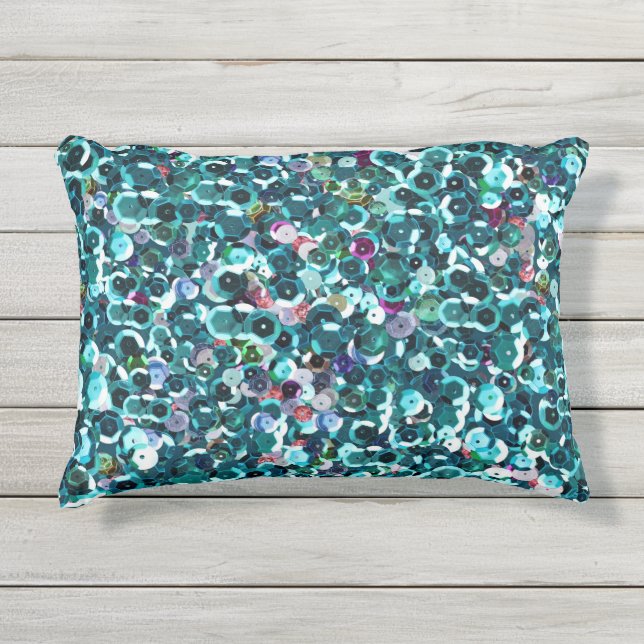 Beachy Aqua Blue Faux Sequins Outdoor Pillow (Front)
