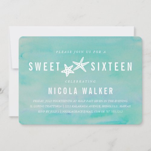 Beachy Aqua Watercolor  Starfish Sweet Sixteen Invitation