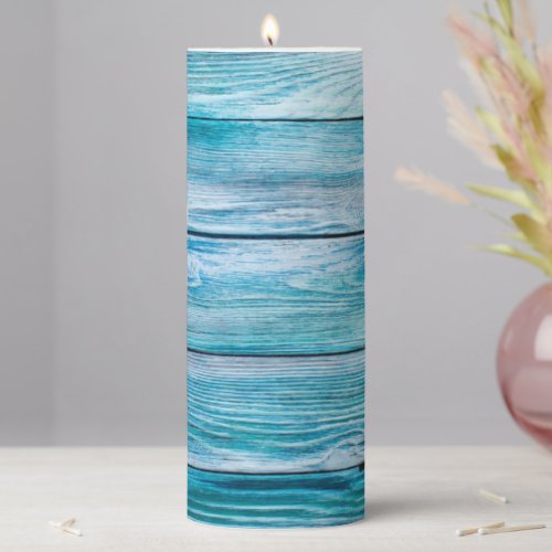 Beachy Beautiful Blue Wood Grain Planks Pillar Candle