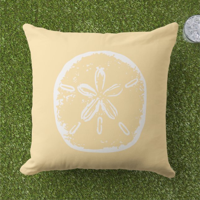 Beachy beige and white sand dollar shell outdoor pillow (Grass)