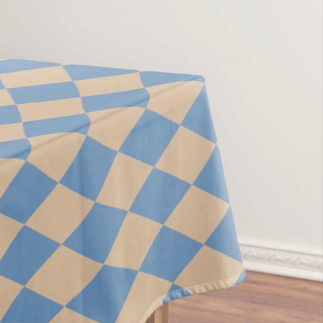 Beachy Blue and Tan Harlequin Tablecloth (In Situ)