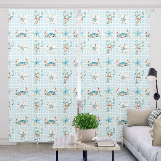 Beachy Blue Crab, Lobster, Starfish, Sand Dollar Blackout Curtains (Living Room)
