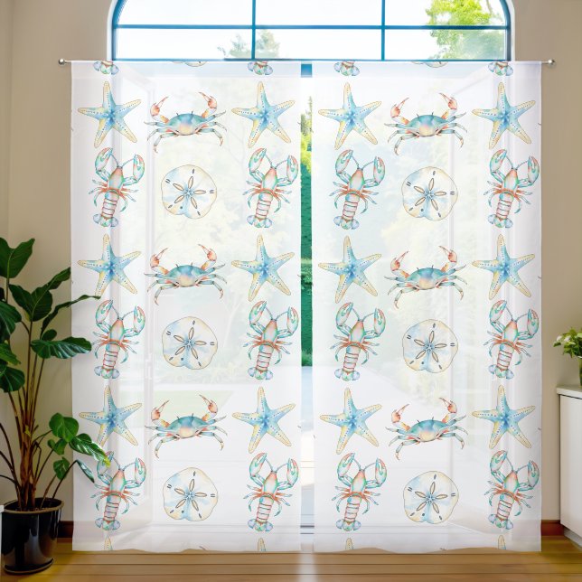 Beachy Blue Crab, Lobster, Starfish, Sand Dollar Sheer Curtains (Living Room)
