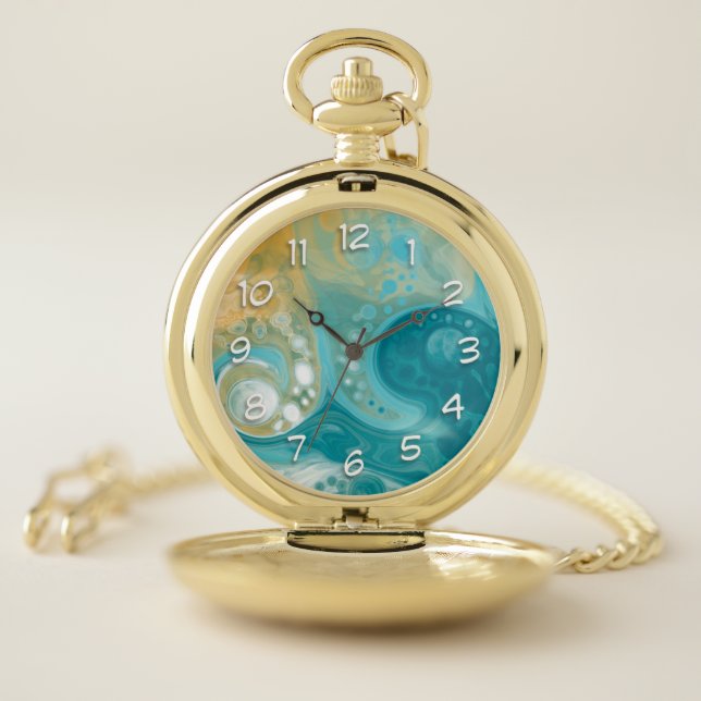 Beachy Blue Sandy Brown Digital Fluid Art Pocket Watch (Inside)