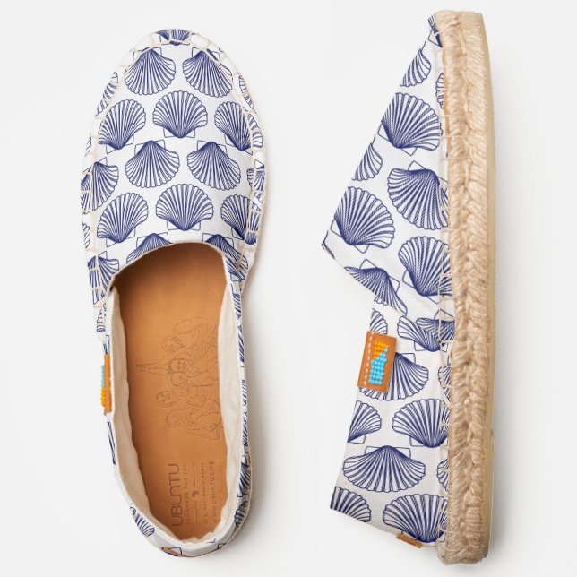 Beachy Blue Scallop Shells Seashells, White Canvas Espadrilles (Side)