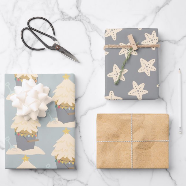 Beachy Christmas Sand Pail Wrapping Paper Sheets (Front)