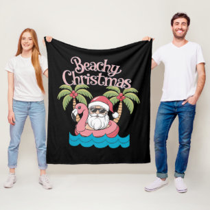 Beachy Christmas Tropical Vacation Santa Beach Fleece Blanket
