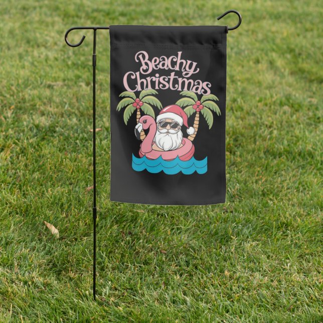 Beachy Christmas Tropical Vacation Santa Beach  Garden Flag (In SItu)