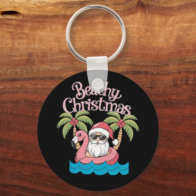 Beachy Christmas Tropical Vacation Santa Beach  Keychain (Front)
