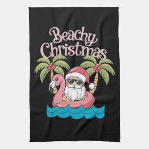 Beachy Christmas Tropical Vacation Santa Beach Kitchen Towel