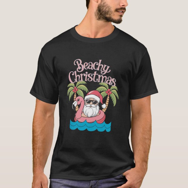 Beachy Christmas Tropical Vacation Santa Beach  T-Shirt (Front)