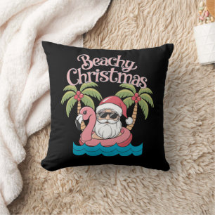 Beachy Christmas Tropical Vacation Santa Beach  Throw Pillow