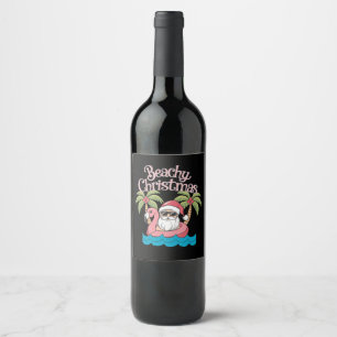Beachy Christmas Tropical Vacation Santa Beach Wine Label
