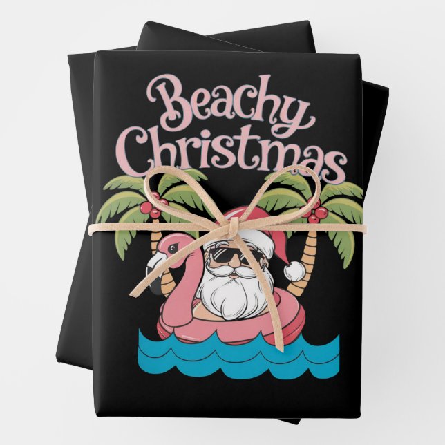 Beachy Christmas Tropical Vacation Santa Beach  Wrapping Paper Sheets (In situ)