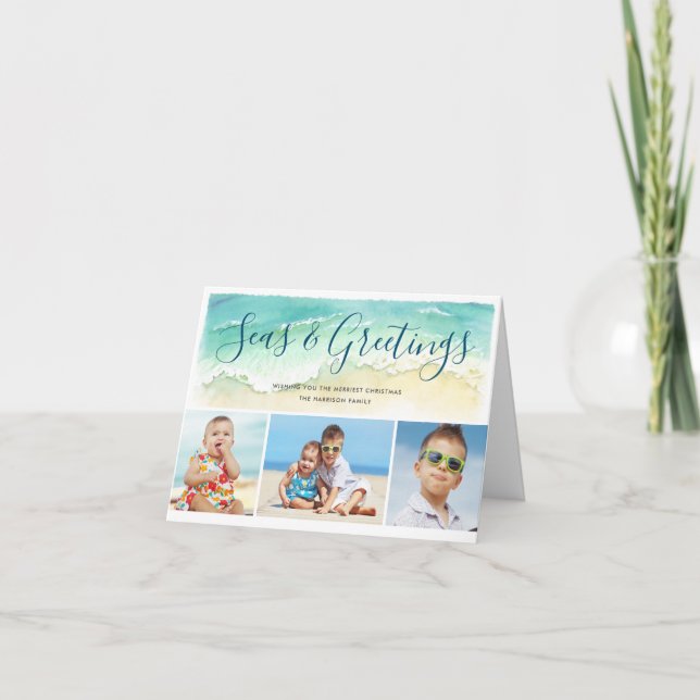 Beachy Coastal Blue 3-Photo Seas & Greetings Holiday Card (Front)