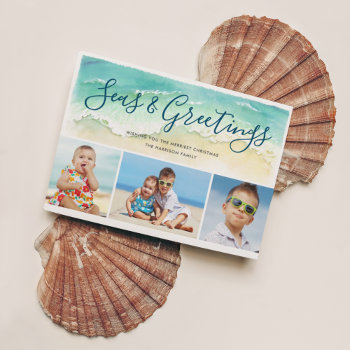 Beachy Coastal Blue Three Photos Seas & Greetings Holiday Card by dulceevents at Zazzle