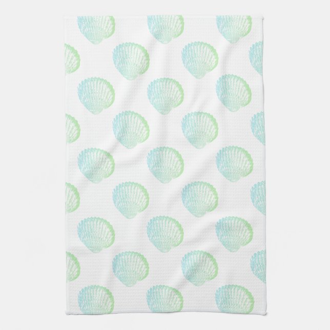 Beachy Coastal Seafoam Green Seashells Kitchen Towel (Vertical)